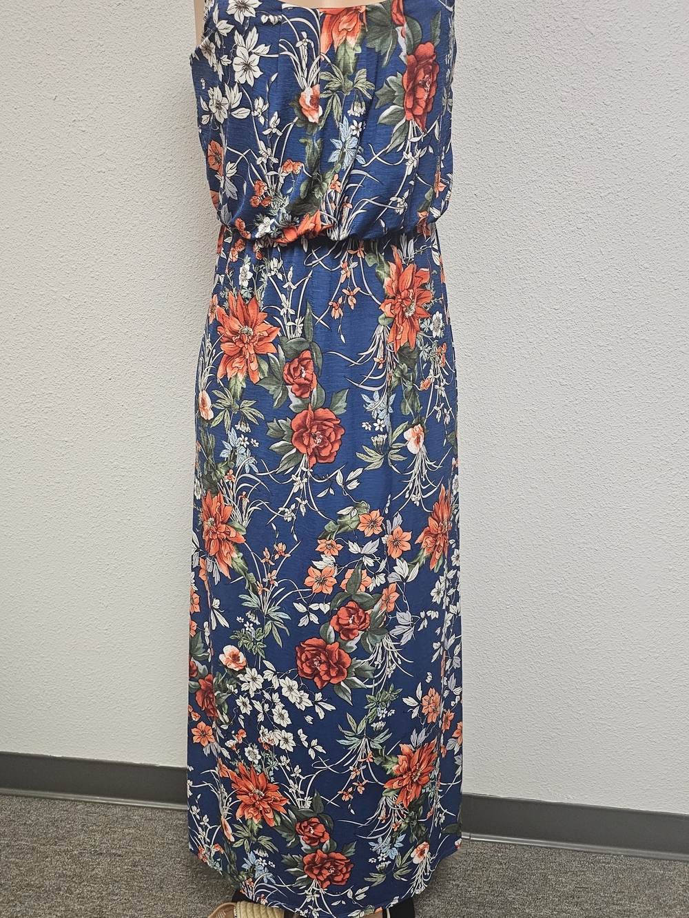 Sleeveless Navy Floral Maxi Dress with Orange Blooms